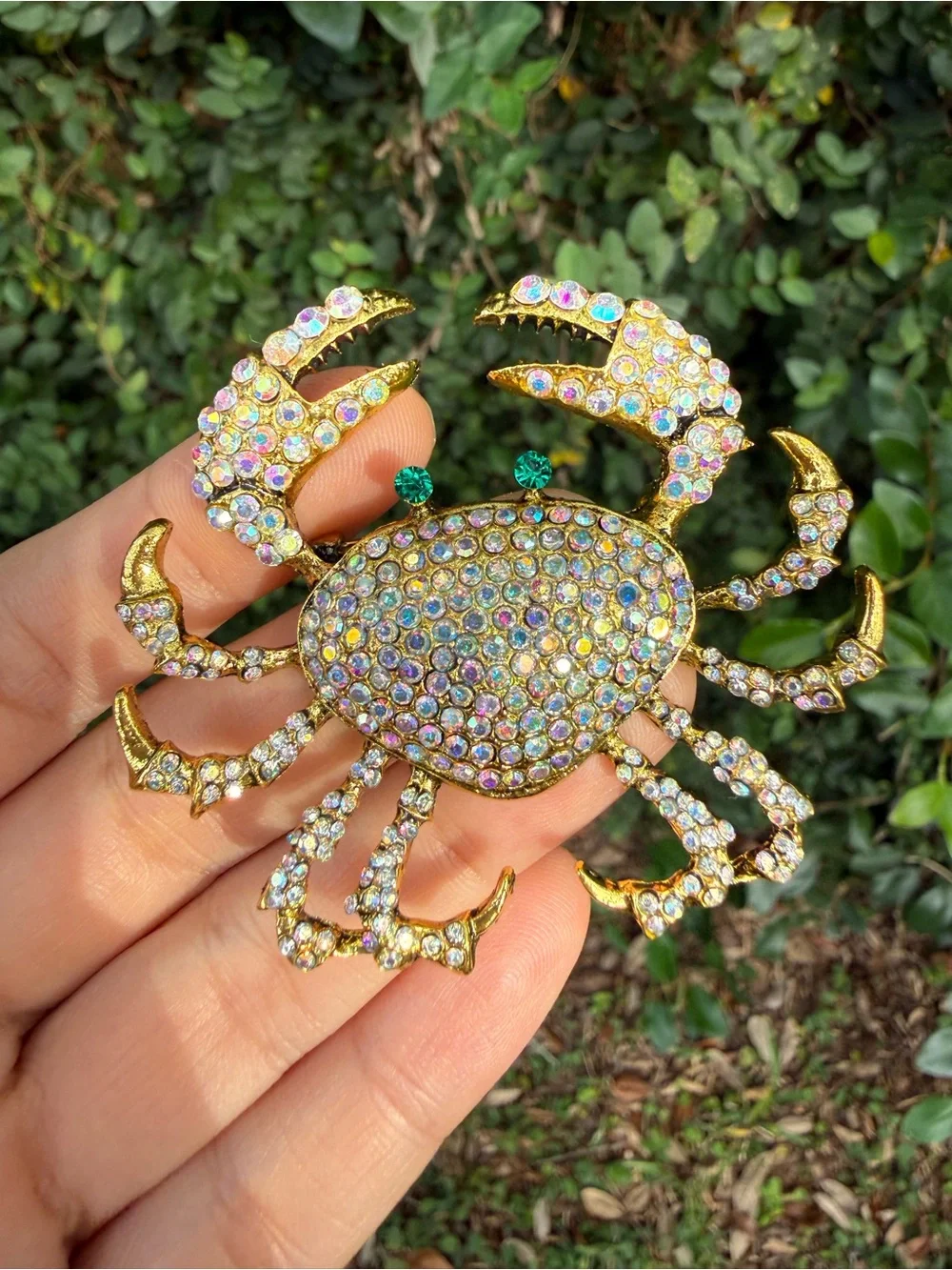 Gold-Tone Crystal Crab Brooch — Iridescent Blue Accent